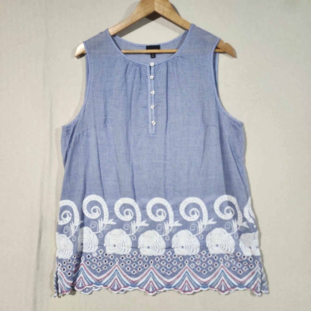 Talbots Blue White Striped Sleeveless Henley Top Embroidered Beaded Hem XL Boho